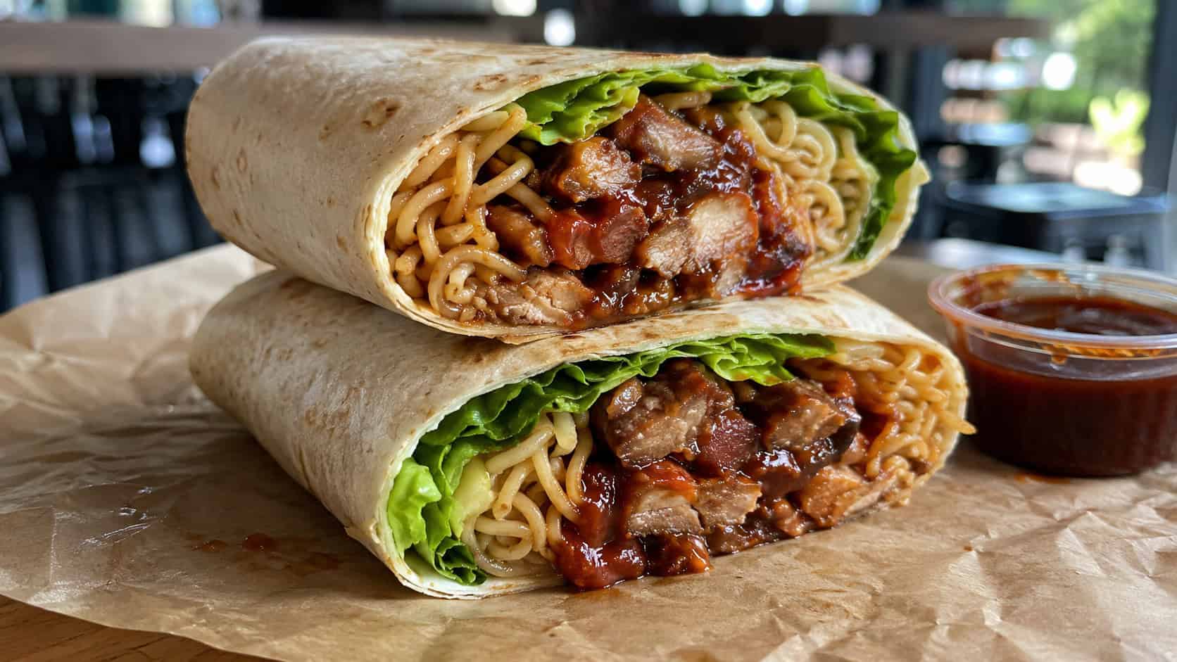 BBQ pork ramen rolls sliced to show saucy pork, noodles, and lettuce inside a soft tortilla, in a wide horizontal shot, halves stacked on parchment beside a small cup of sauce, natural light, shallow depth of field, landscape orientation