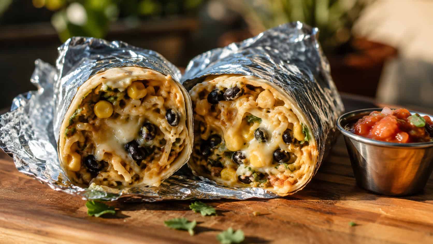 a ramen burrito wrap sliced open to reveal noodles, melty cheese, black beans, and corn, in a wide horizontal shot, the foil peeled back on a wooden board with salsa nearby, warm natural light, shallow depth of field, landscape orientation