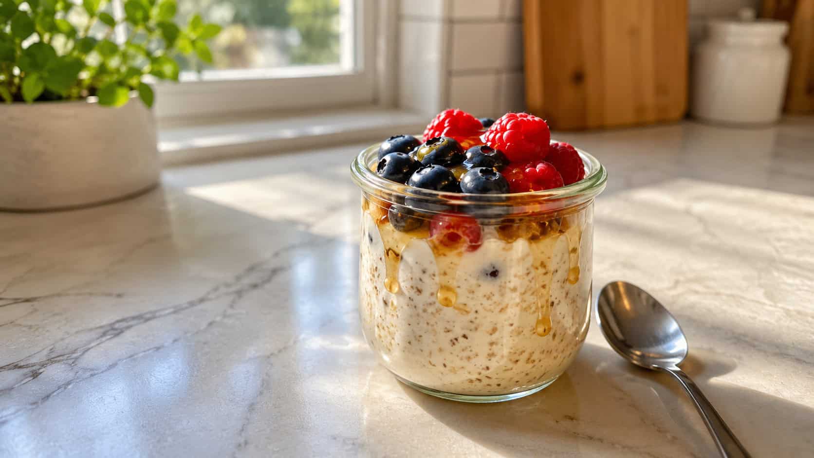 a jar of creamy overnight oats topped with glossy fresh blueberries and raspberries and a honey drizzle, in a wide horizontal shot on a sunny kitchen counter, a spoon resting beside it, natural light, shallow depth of field, landscape orientation