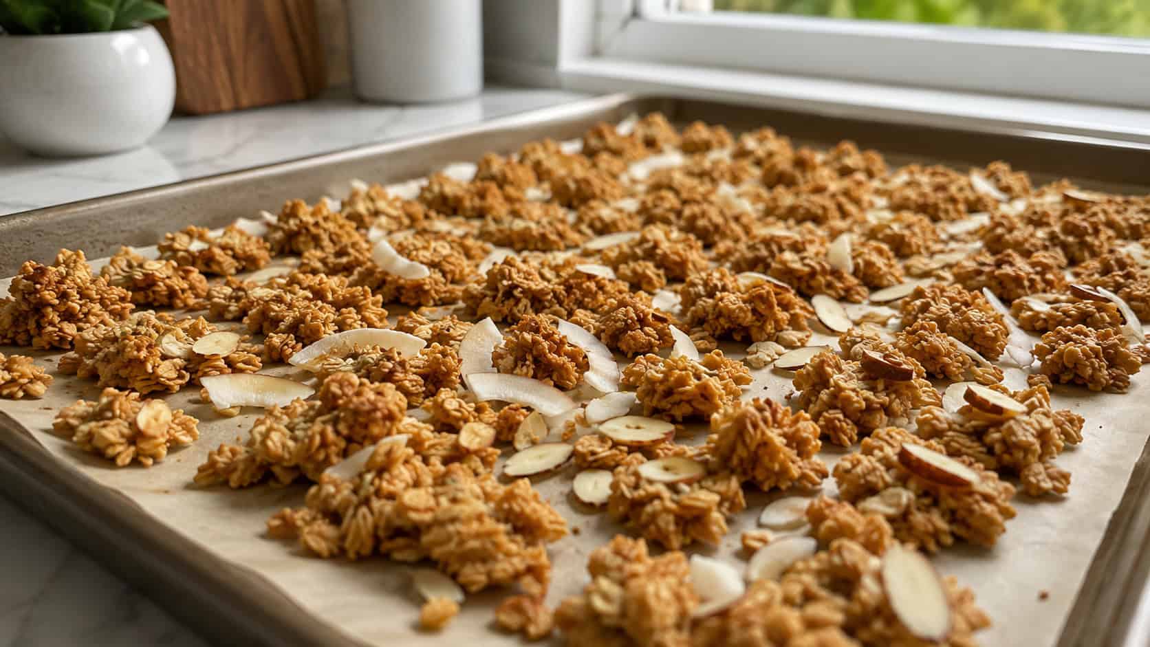 golden coconut almond granola clusters spread on a baking sheet with toasted coconut flakes and almond slivers, in a wide horizontal shot on a kitchen counter, natural light, shallow depth of field, landscape orientation