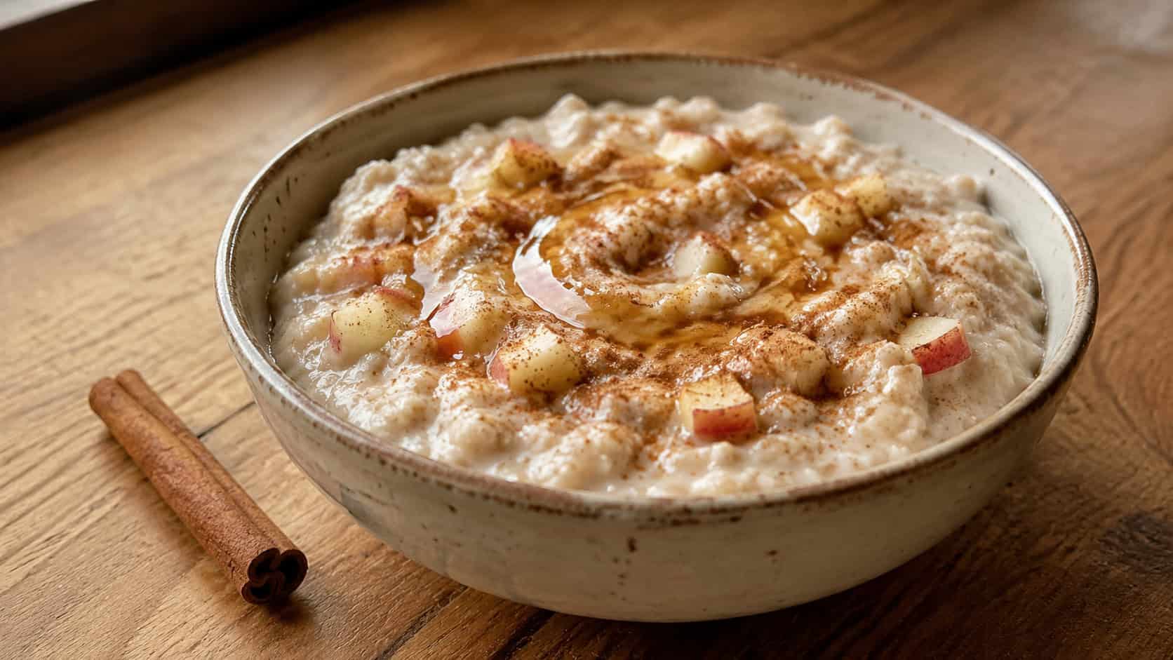 a bowl of creamy apple cinnamon oatmeal dotted with soft apple chunks and a swirl of maple syrup, in a wide horizontal shot on a warm wooden table, a cinnamon stick beside it, natural light, shallow depth of field, landscape orientation