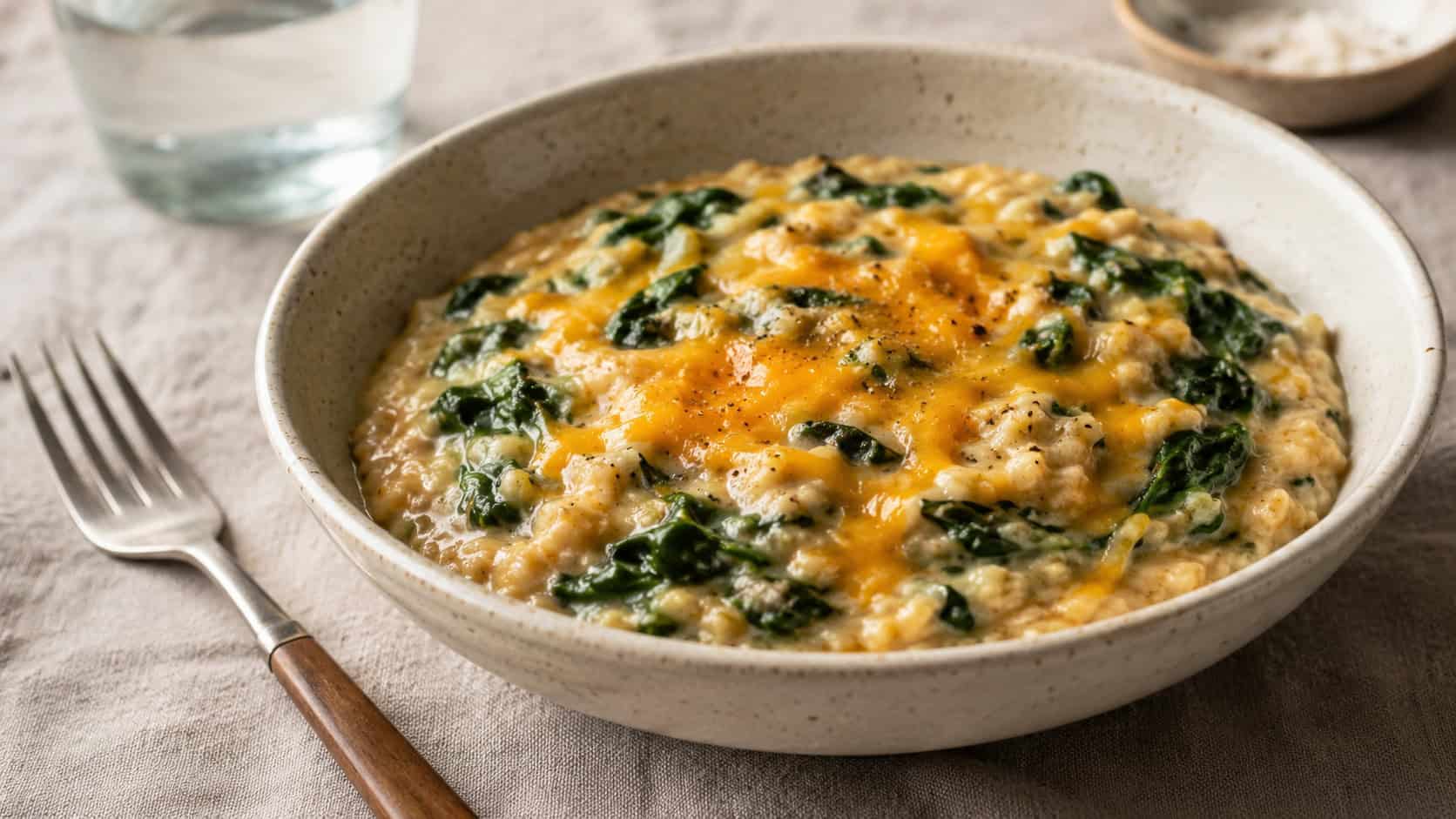 a creamy bowl of savory oats flecked with bright green spinach and melted cheddar, in a wide horizontal shot on a light linen tablecloth, a fork resting nearby, natural light, shallow depth of field, landscape orientation