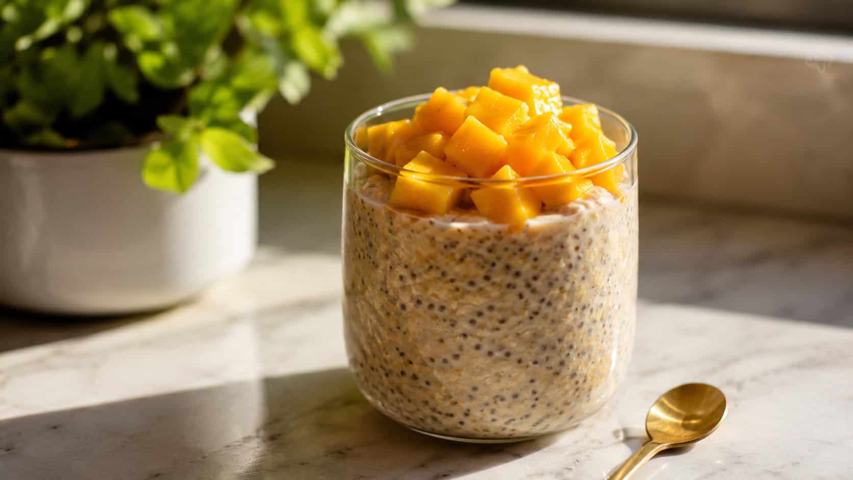 a glass of thick chia oat pudding topped with bright golden mango cubes, in a wide horizontal shot on a sunlit counter, a small spoon alongside, natural light, shallow depth of field, landscape orientation