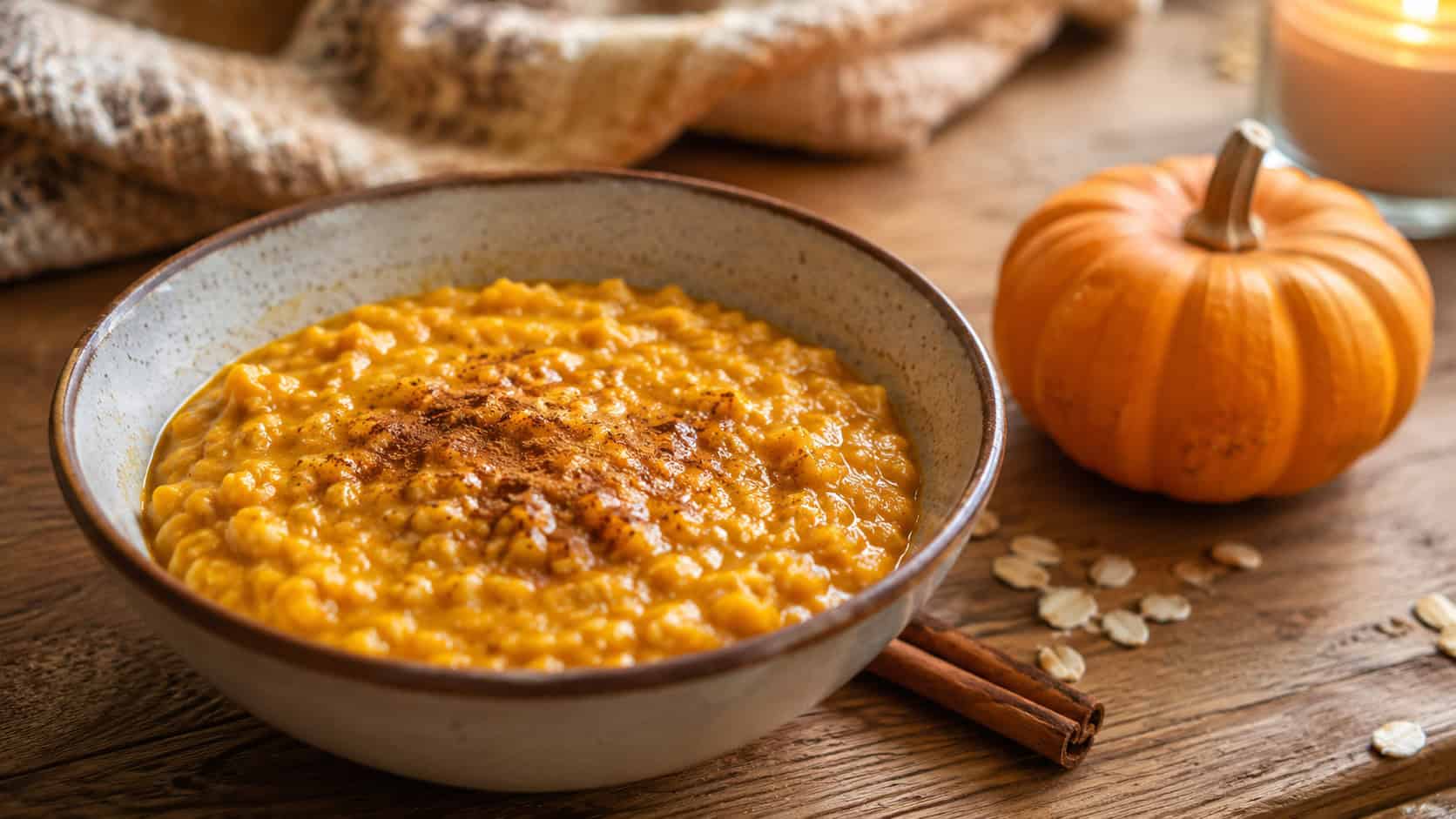 a warm bowl of pumpkin oatmeal in a deep orange hue with a sprinkle of spice on top, in a wide horizontal shot on a cozy wooden table beside a small pumpkin, natural light, shallow depth of field, landscape orientation
