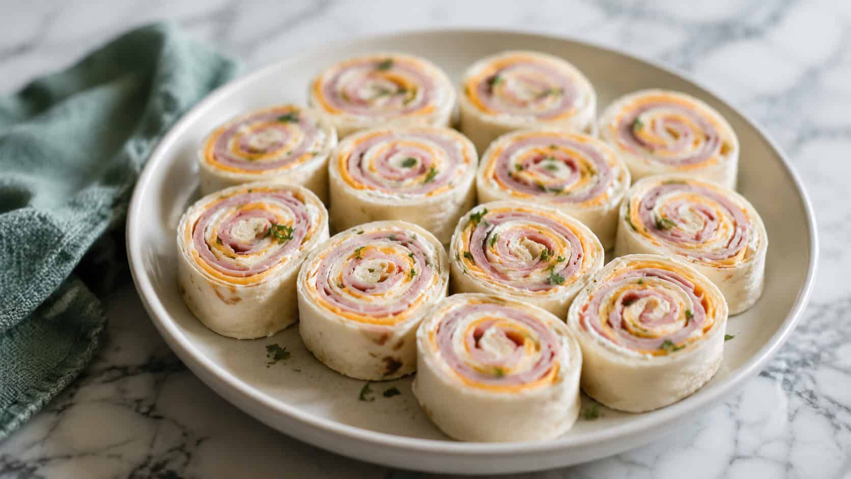 ham and cheese roll-up pinwheels arranged cut-side up on a plate, shown in a wide horizontal shot on a marble counter with a napkin nearby, natural light, shallow depth of field, landscape orientation