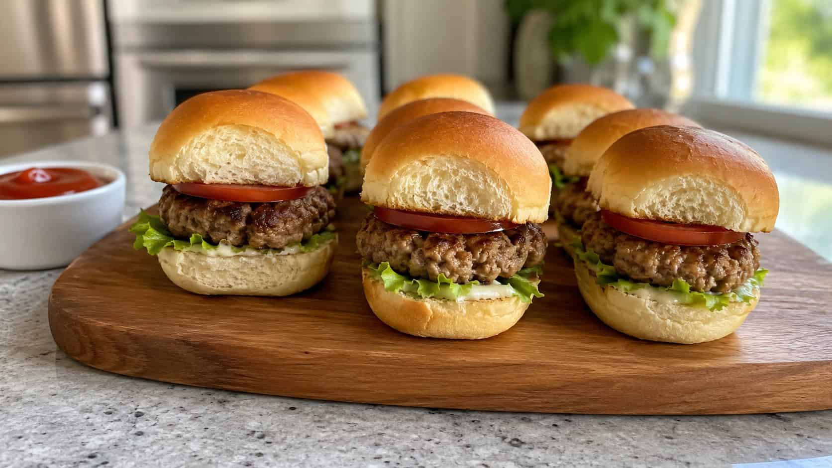 mini turkey burgers on soft slider buns arranged on a board, shown in a wide horizontal shot on a kitchen counter with a small bowl of ketchup nearby, natural light, shallow depth of field, landscape orientation