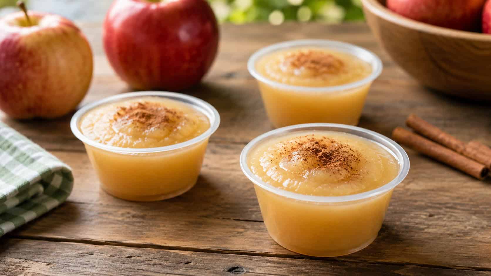 smooth golden applesauce in small clear cups dusted with cinnamon, shown in a wide horizontal shot on a wooden table with fresh apples nearby, natural light, shallow depth of field, landscape orientation
