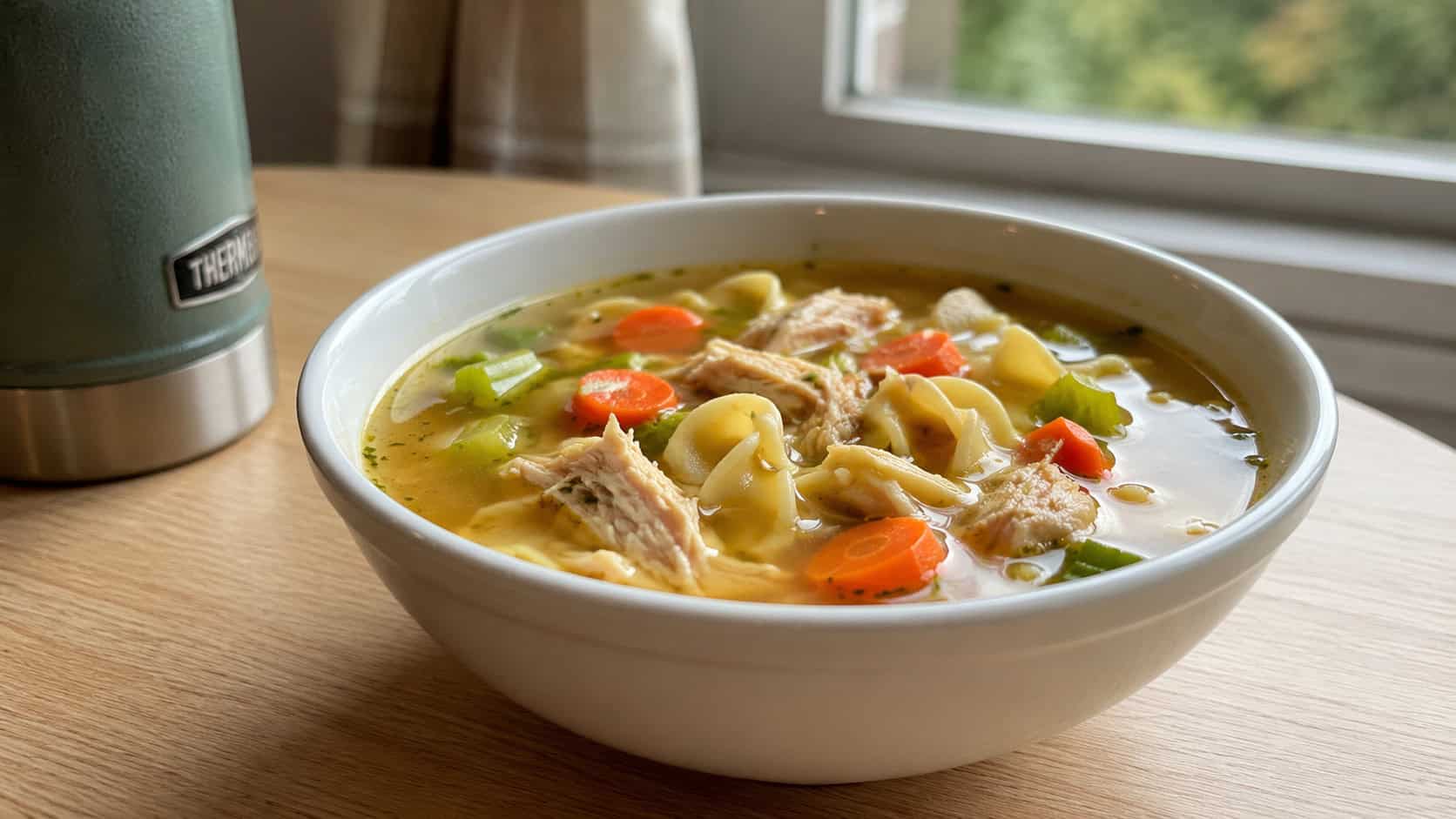 a bowl of chicken noodle soup in a wide horizontal shot, golden broth with egg noodles, shredded chicken, carrots and celery, on a light wooden table beside a thermos, natural window light, shallow depth of field, landscape orientation