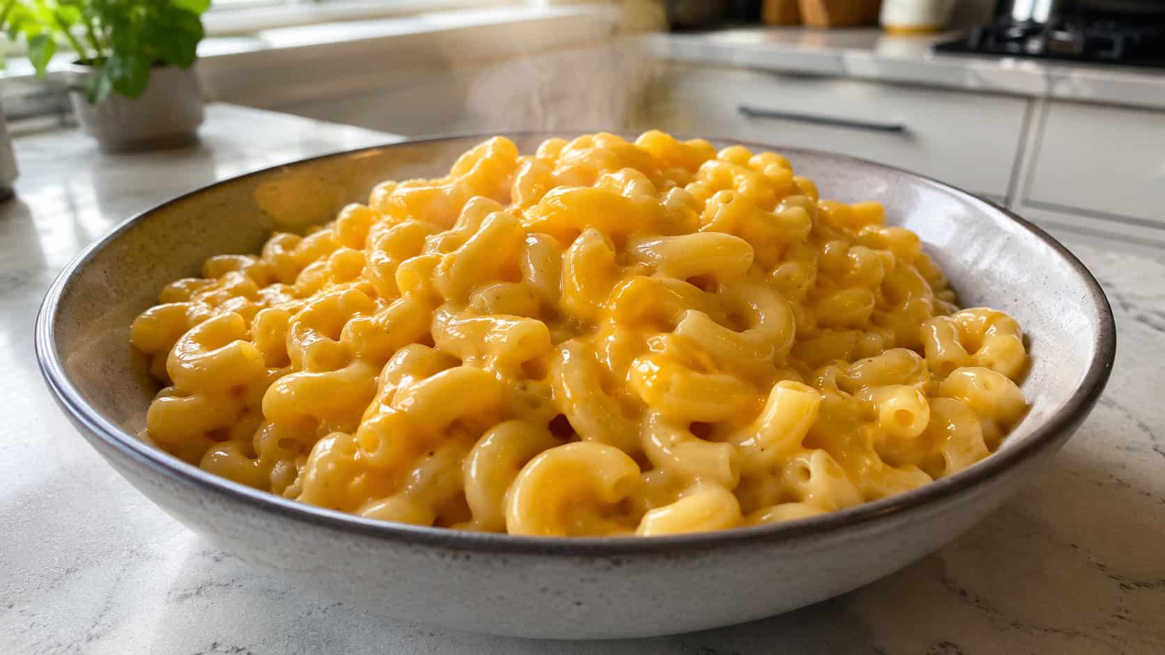 creamy macaroni and cheese in a wide horizontal shot, glossy orange cheese sauce coating elbow pasta, in a shallow bowl on a bright kitchen counter, steam rising, natural light, shallow depth of field, landscape orientation