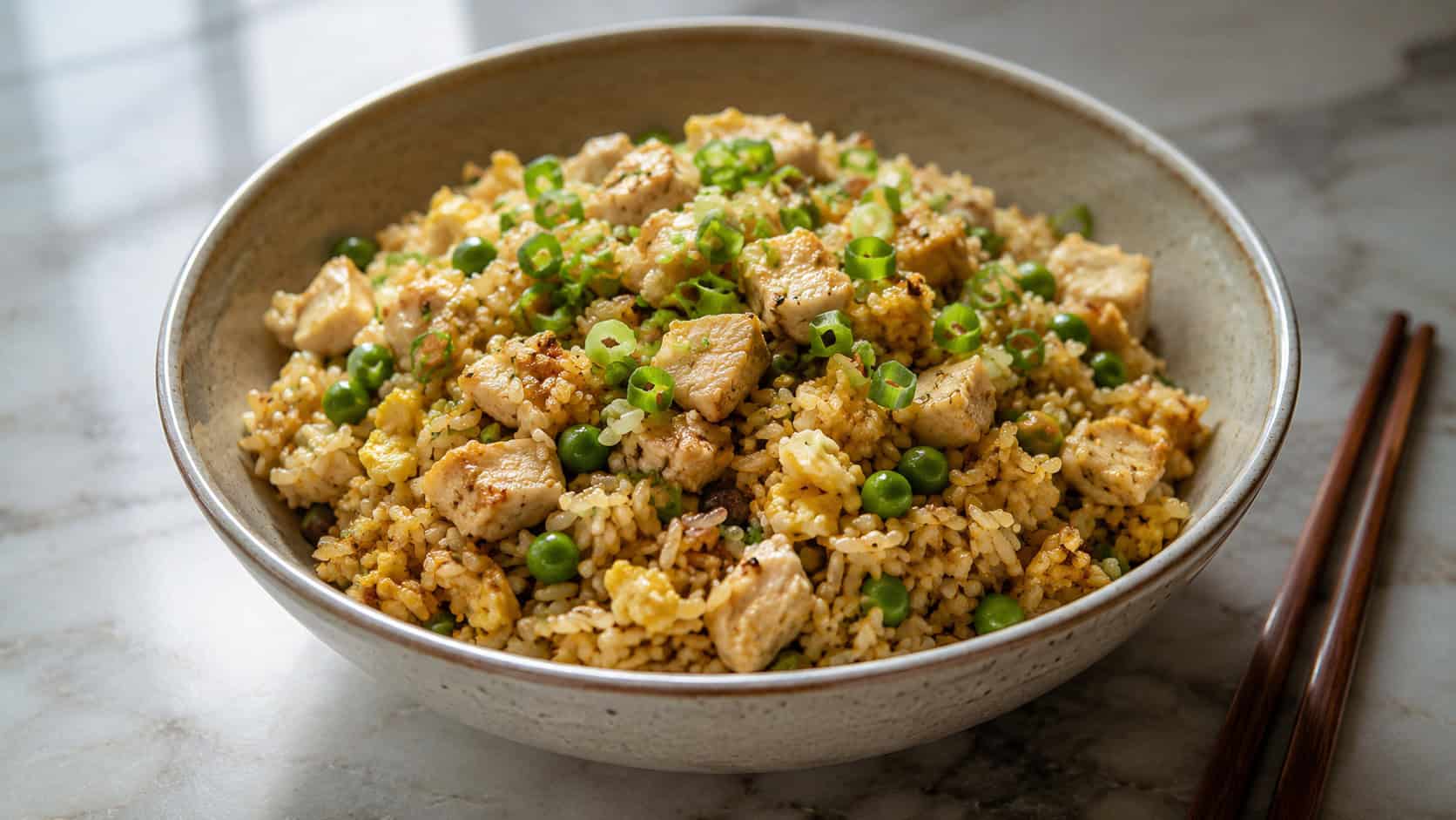 chicken fried rice in a wide horizontal shot, fluffy rice with diced chicken, scrambled egg, peas and green onions, in a bowl on a light counter beside chopsticks, natural light, shallow depth of field, landscape orientation