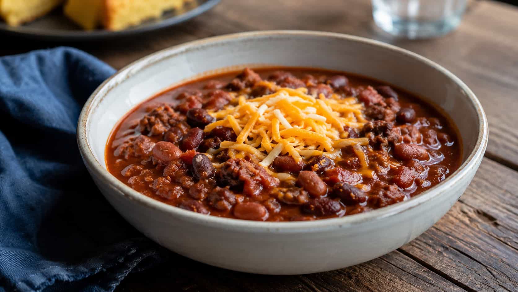 a bowl of hearty beef chili in a wide horizontal shot, thick tomato-red chili with beans and ground beef, topped with shredded cheese, on a rustic table, natural light, shallow depth of field, landscape orientation