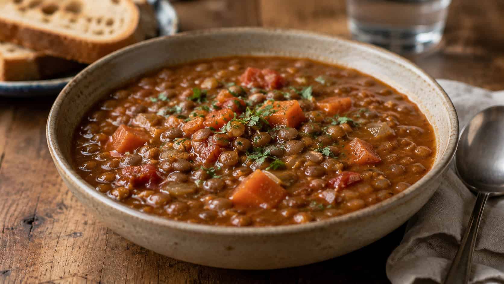 a hearty lentil stew in a wide horizontal shot, thick brown stew with lentils, carrots and tomatoes, in a rustic bowl on a wooden table, natural light, shallow depth of field, landscape orientation
