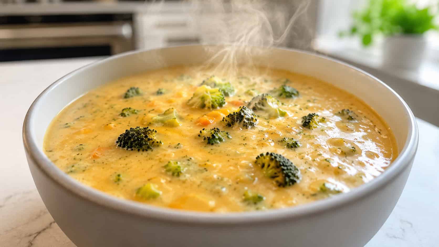 creamy broccoli cheddar soup in a wide horizontal shot, thick golden cheese soup studded with broccoli florets, in a bowl on a bright kitchen counter, steam rising, natural light, shallow depth of field, landscape orientation