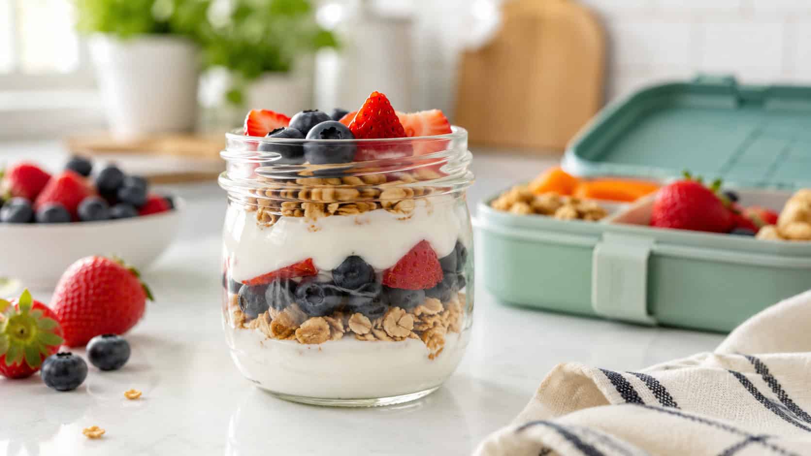a berry yogurt parfait in a small clear jar shot wide in landscape orientation on a bright kitchen counter, visible layers of creamy yogurt, red berries, and golden granola, natural light, shallow depth of field, fresh berries and a lunchbox blurred in the background