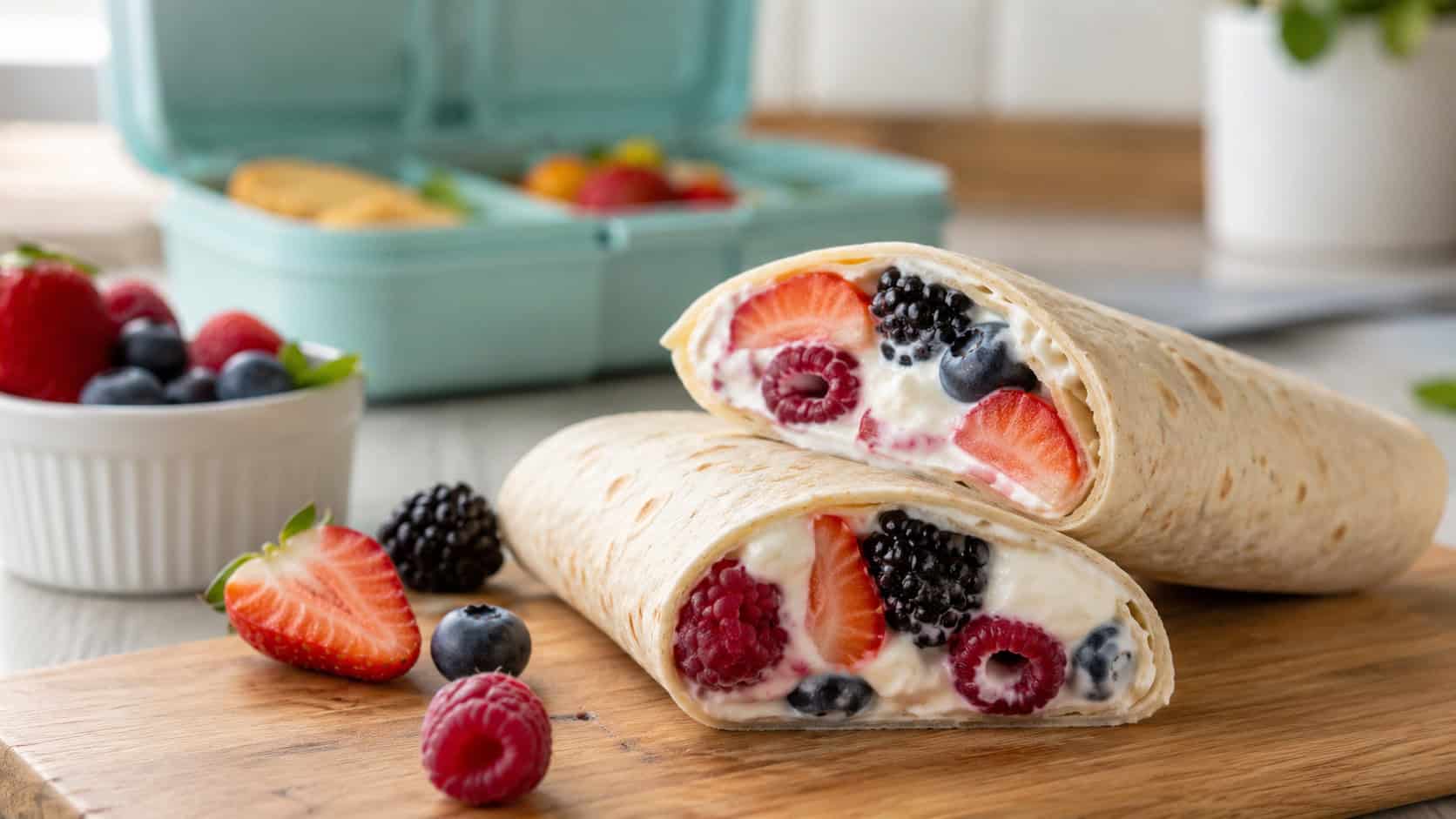 yogurt and berry wraps cut in half shot wide in landscape orientation on a board, soft tortillas revealing creamy yogurt and colorful berries inside, natural light, shallow depth of field, fresh berries and a lunchbox blurred behind