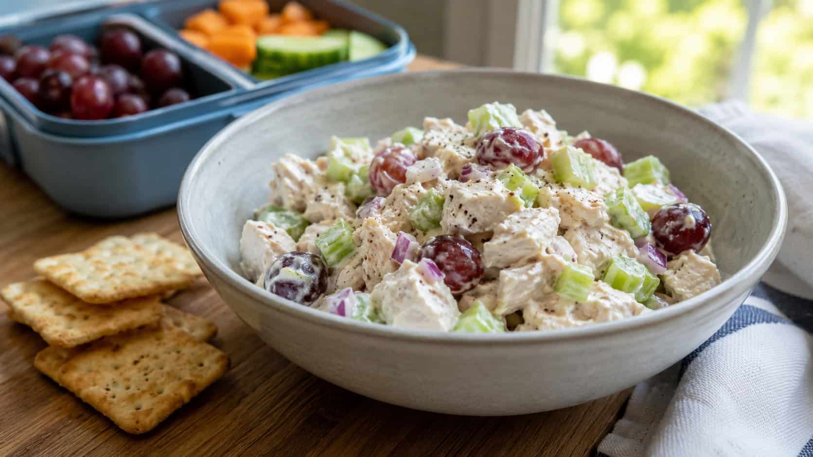 creamy Greek yogurt chicken salad shot wide in landscape orientation in a bowl on a wooden table, studded with halved grapes and celery, a few crackers alongside, natural light, shallow depth of field, a lunchbox softly blurred behind