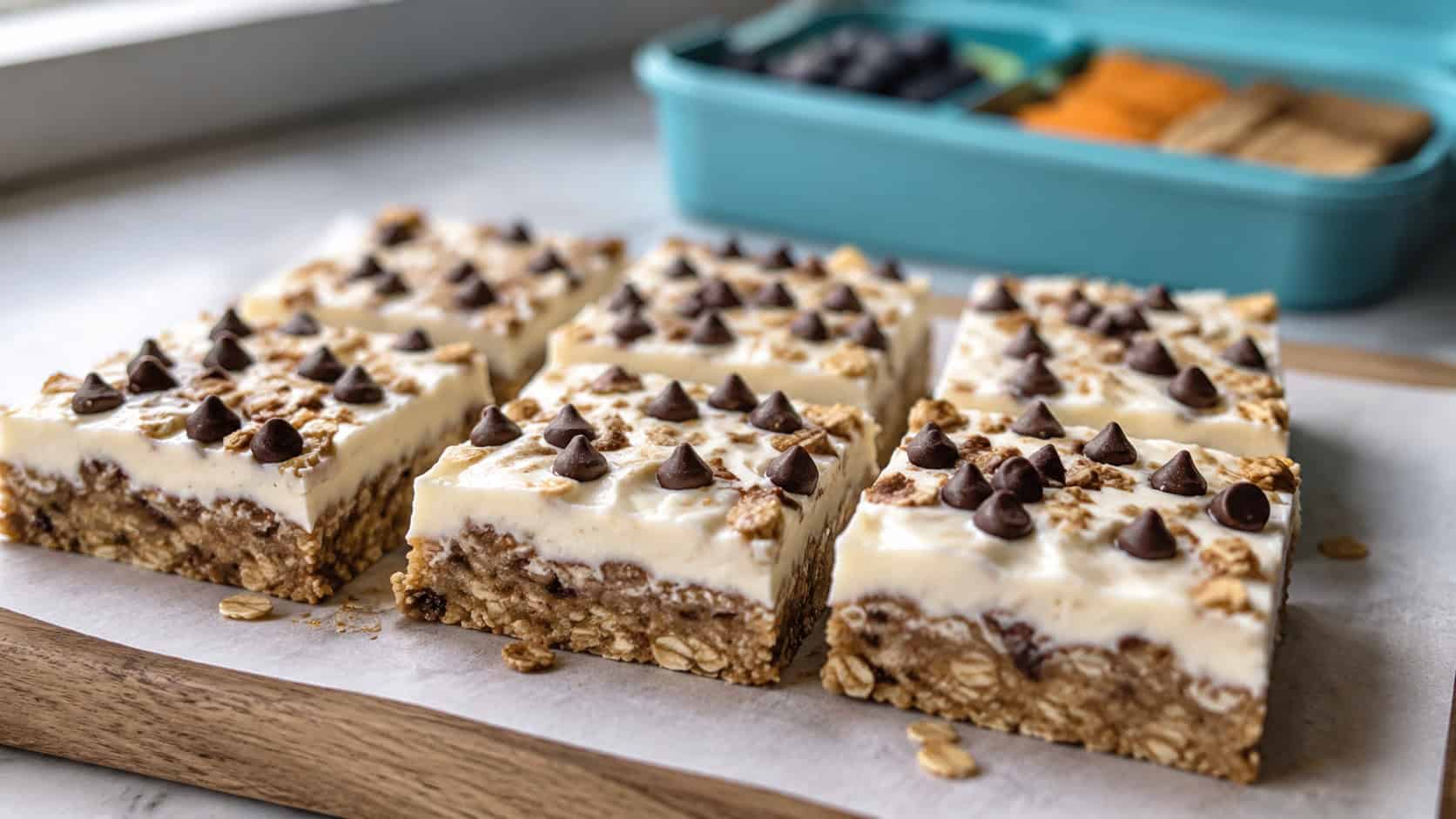 yogurt and granola bars cut into neat squares arranged wide in landscape orientation on a parchment-lined board, chewy oat base with creamy white topping and chocolate chips, natural light, shallow depth of field, a lunchbox blurred in the background