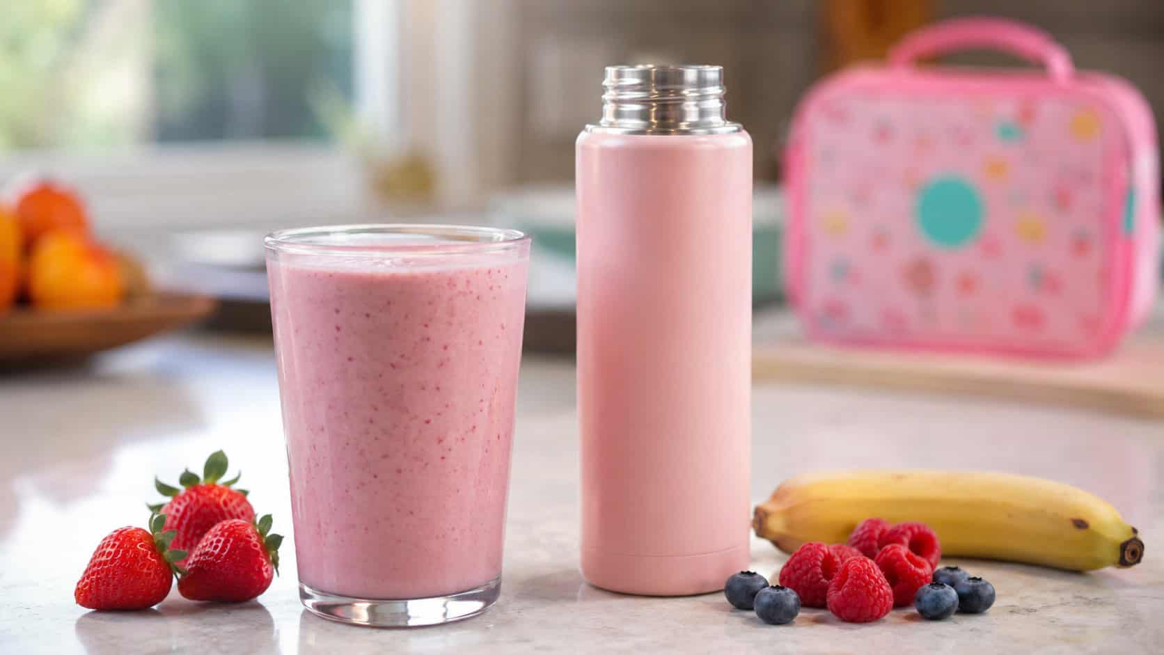 a creamy fruit and yogurt smoothie poured into a glass and a thermos shot wide in landscape orientation on a kitchen counter, soft pink color with fresh fruit beside it, natural light, shallow depth of field, a lunchbox blurred in the background
