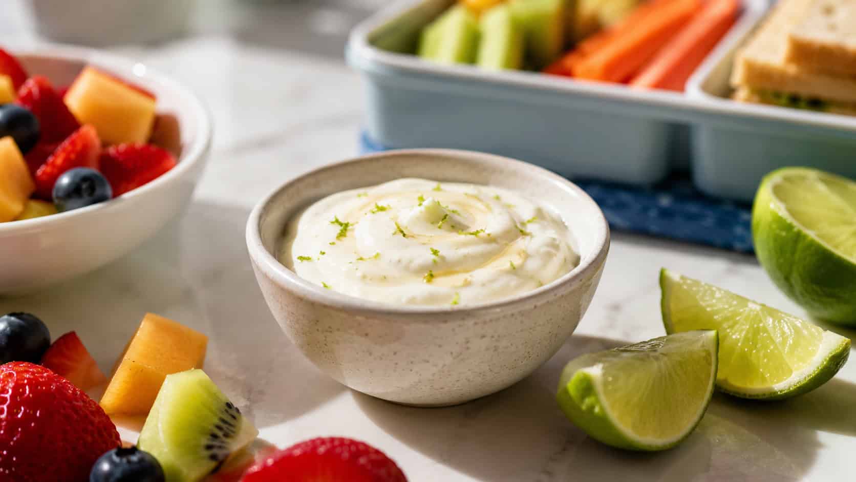 a small bowl of creamy honey-lime yogurt dressing shot wide in landscape orientation on a bright counter, surrounded by colorful fruit pieces, lime wedges nearby, natural light, shallow depth of field, a lunchbox blurred in the background