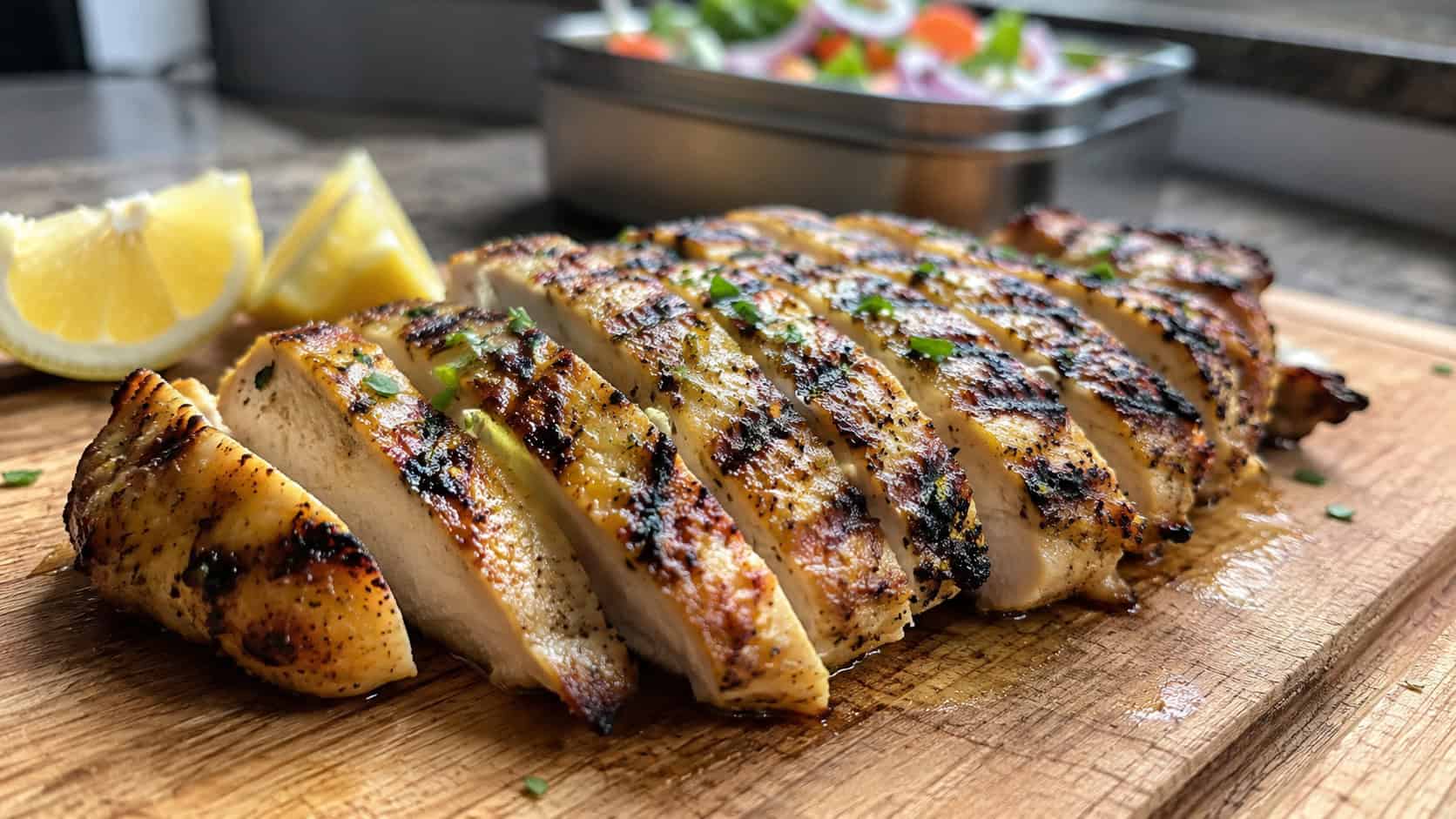 sliced yogurt-marinated grilled chicken shot wide in landscape orientation on a cutting board, golden charred edges and juicy slices fanned out, natural light, shallow depth of field, lemon wedges and a lunchbox blurred in the background