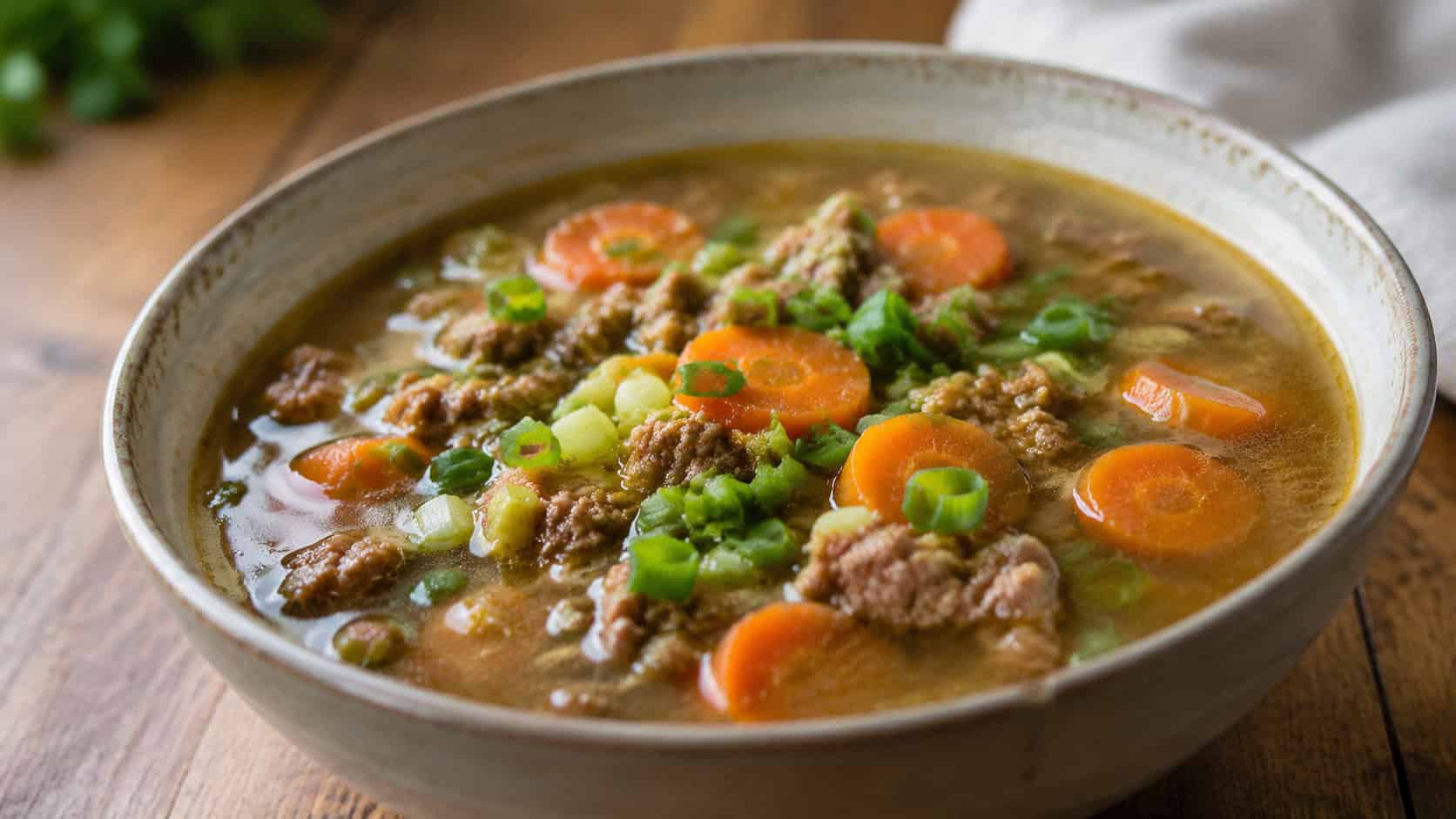 ginger beef and carrot soup in a wide horizontal shot, clear amber broth with ground beef, sliced carrots and green onions, in a bowl on a wooden table, natural light, shallow depth of field, landscape orientation