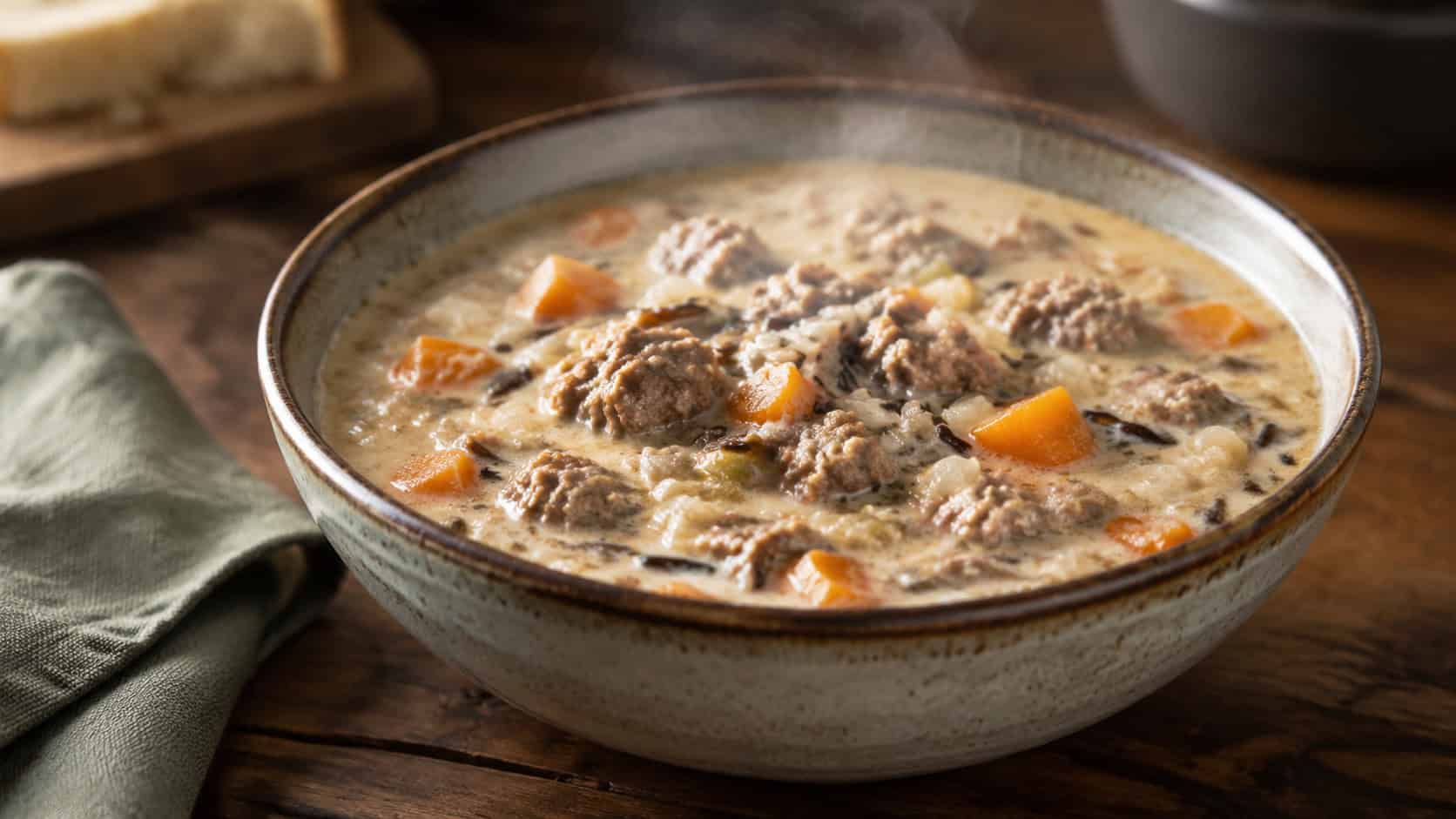 beef and wild rice soup in a wide horizontal shot, creamy broth with ground beef, dark wild rice and carrots, in a rustic bowl on a wooden table, steam rising, natural light, shallow depth of field, landscape orientation