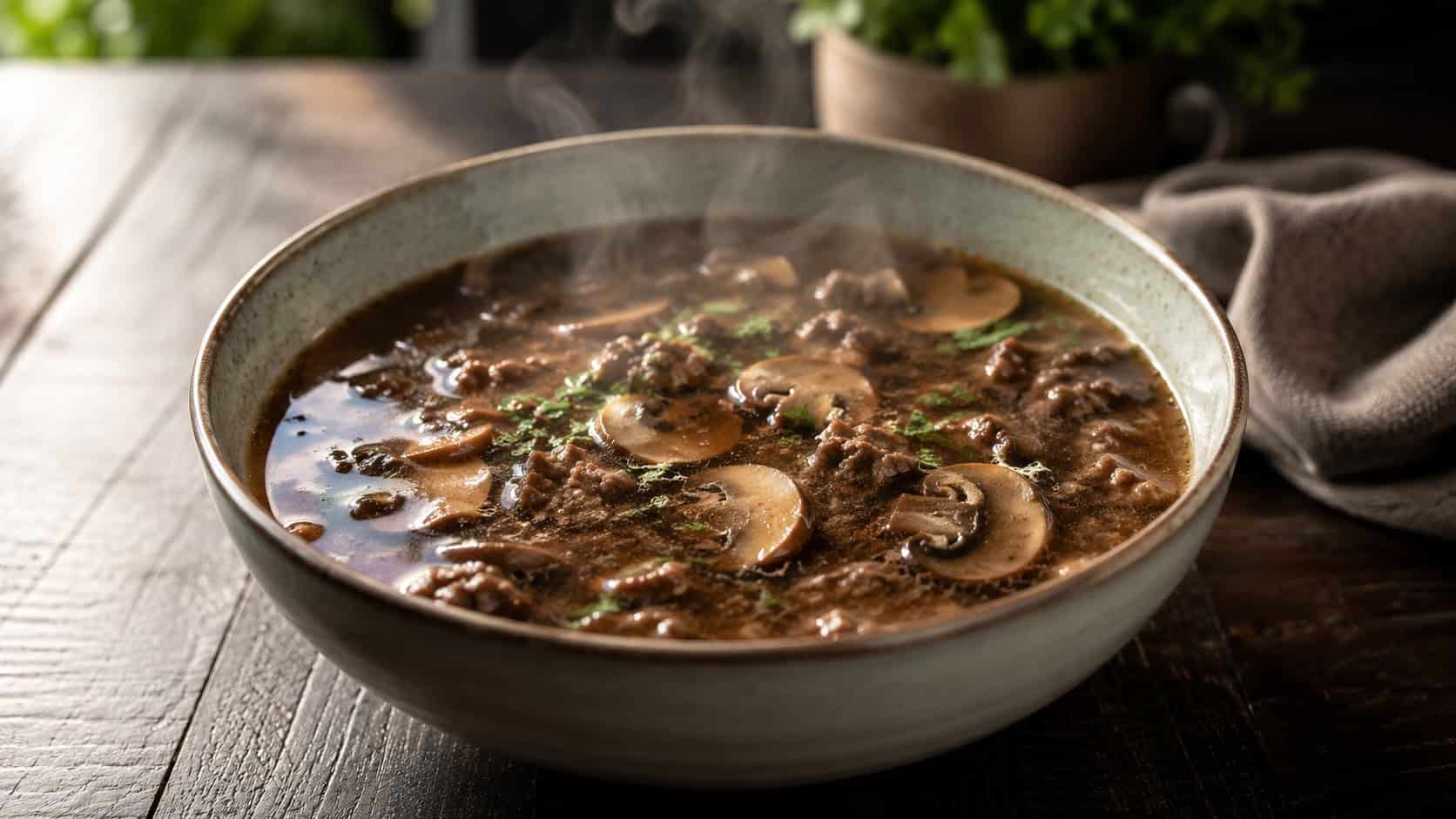 mushroom and beef soup in a wide horizontal shot, dark savory broth with ground beef and sliced mushrooms, in a bowl on a dark wooden table, steam rising, natural light, shallow depth of field, landscape orientation