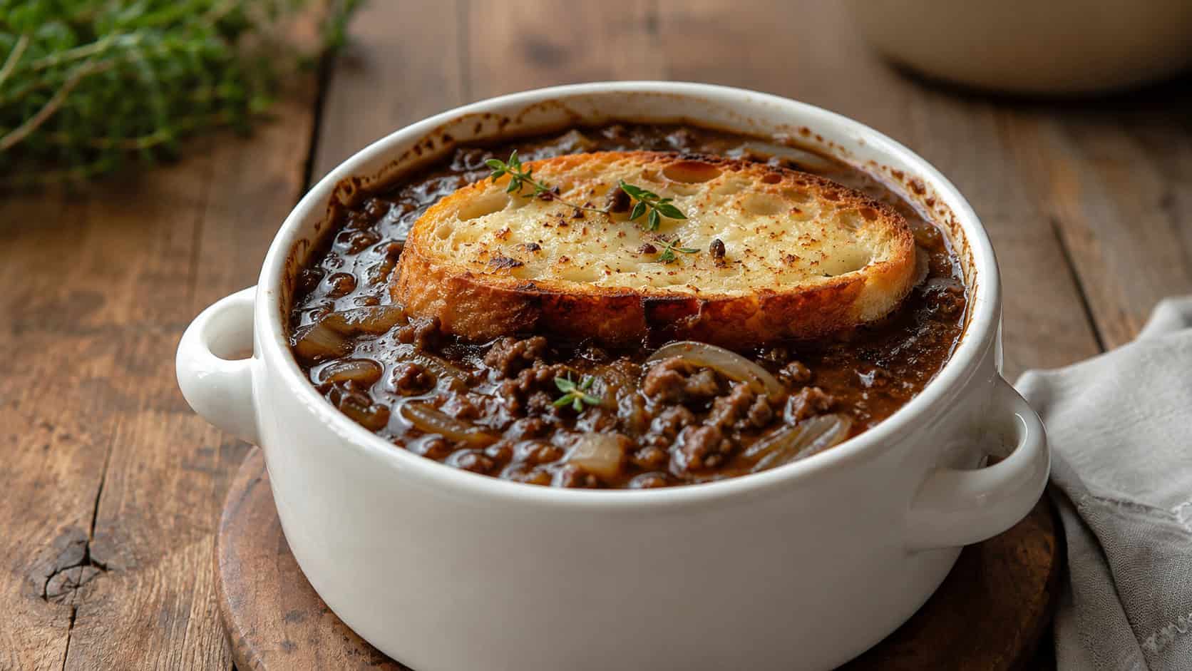 beef and onion soup in a wide horizontal shot, deep brown broth with ground beef and caramelized onions topped with toasted bread, in a crock on a wooden table, natural light, shallow depth of field, landscape orientation