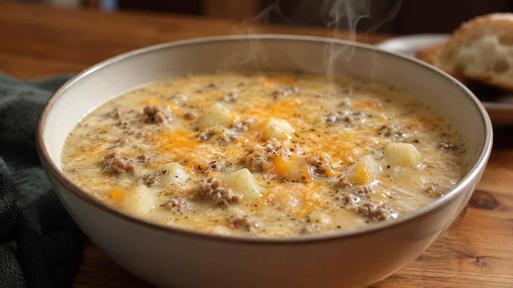 beef and potato chowder in a wide horizontal shot, thick creamy soup with ground beef, potato chunks and melted cheese, in a bowl on a wooden table, steam rising, natural light, shallow depth of field, landscape orientation