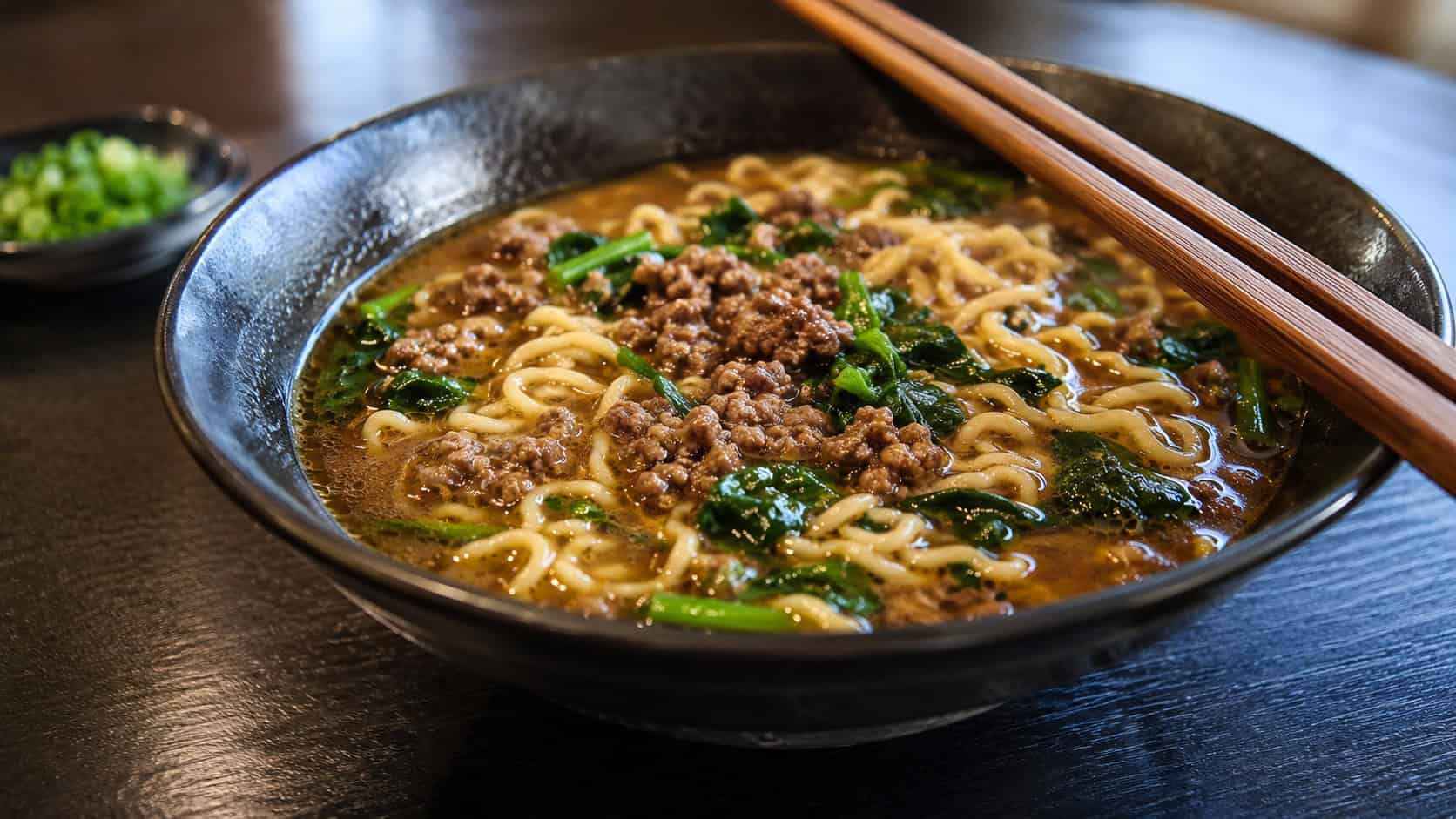 beef and spinach ramen in a wide horizontal shot, savory broth with ground beef, ramen noodles and green spinach, in a deep bowl with chopsticks, on a dark table, natural light, shallow depth of field, landscape orientation