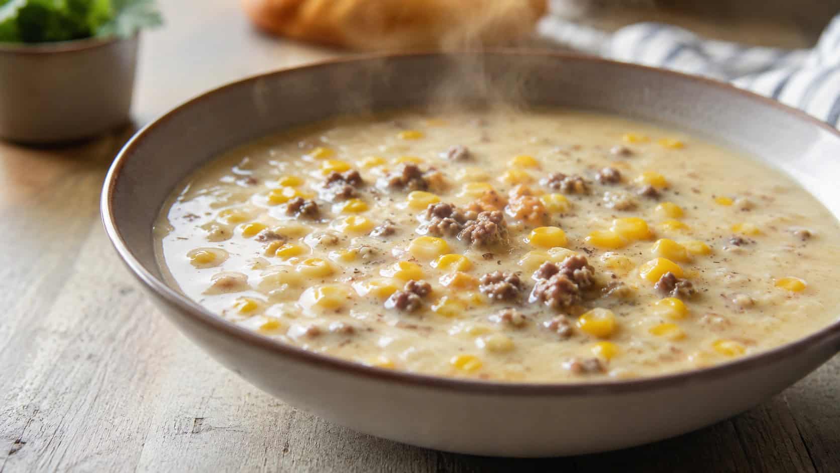 creamy beef and corn soup in a wide horizontal shot, pale creamy broth with ground beef and golden corn, in a bowl on a light wooden table, steam rising, natural light, shallow depth of field, landscape orientation