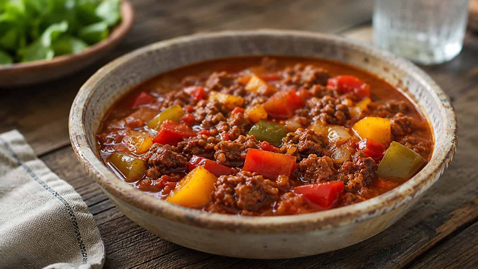 beef and pepper stew in a wide horizontal shot, rich tomato broth with ground beef and colorful bell peppers, in a rustic bowl on a wooden table, natural light, shallow depth of field, landscape orientation