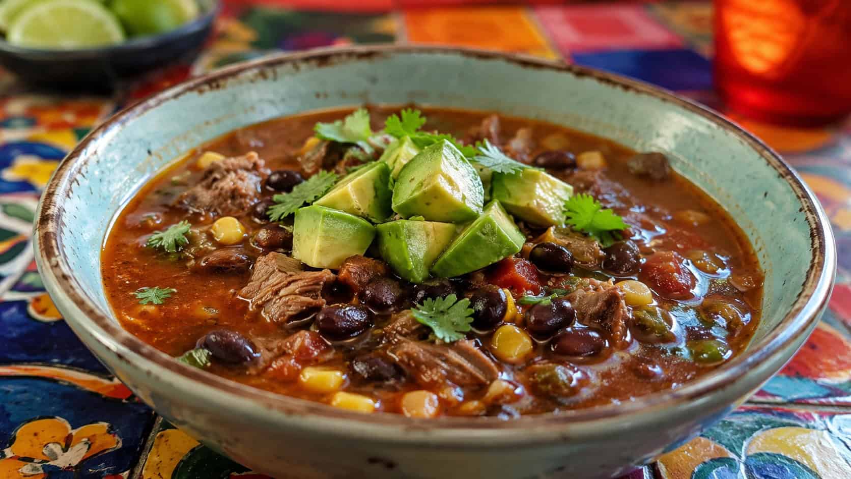 southwestern beef and black bean soup in a wide horizontal shot, red-tinted broth with beef, black beans, corn and avocado, in a bowl on a colorful table, natural light, shallow depth of field, landscape orientation