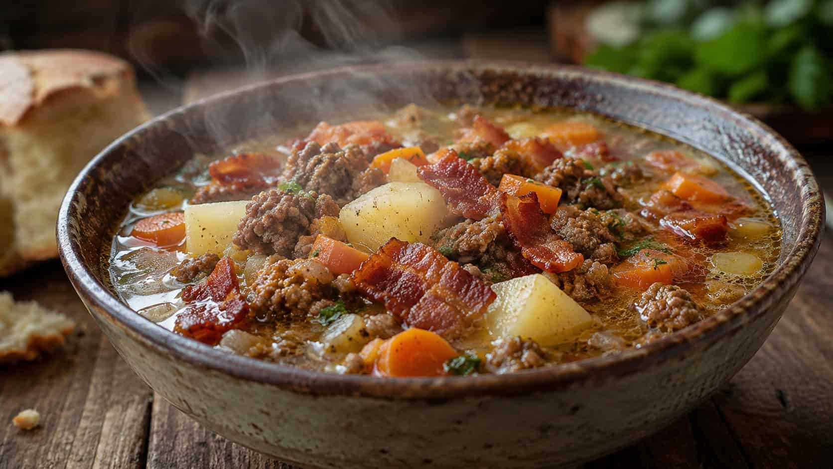 rustic beef and bacon soup in a wide horizontal shot, hearty broth with ground beef, potatoes, carrots and crispy bacon, in a rustic bowl on a wooden table, steam rising, natural light, shallow depth of field, landscape orientation