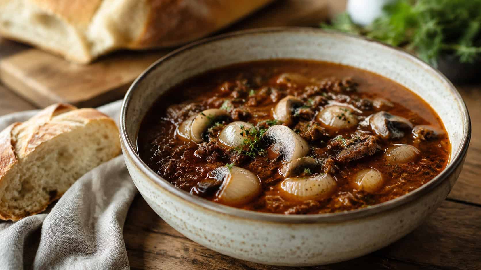 beef bourguignon soup in a wide horizontal shot, deep red-brown broth with ground beef, mushrooms and pearl onions, in a rustic bowl beside crusty bread, on a wooden table, natural light, shallow depth of field, landscape orientation