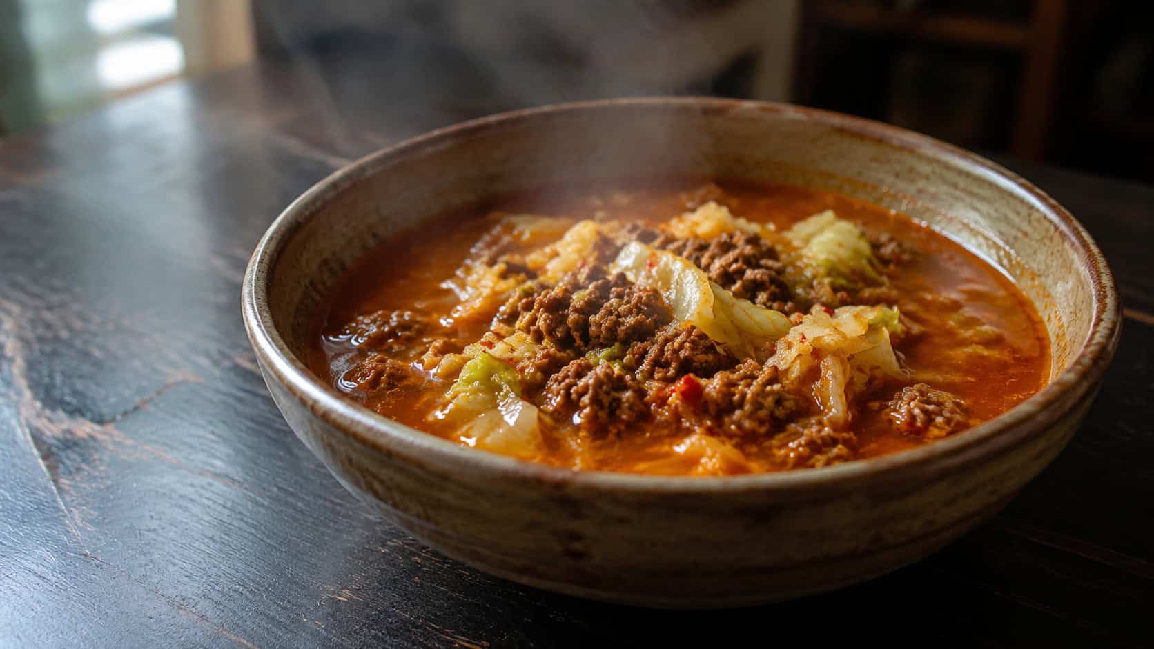 spicy beef and cabbage soup in a wide horizontal shot, reddish broth with ground beef and shredded cabbage, in a rustic bowl on a dark table, steam rising, natural light, shallow depth of field, landscape orientation
