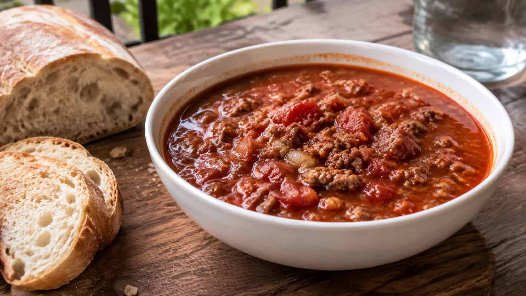 hearty beef and tomato soup in a wide horizontal shot, thick red broth with ground beef, in a bowl beside crusty bread, on a wooden table, natural light, shallow depth of field, landscape orientation