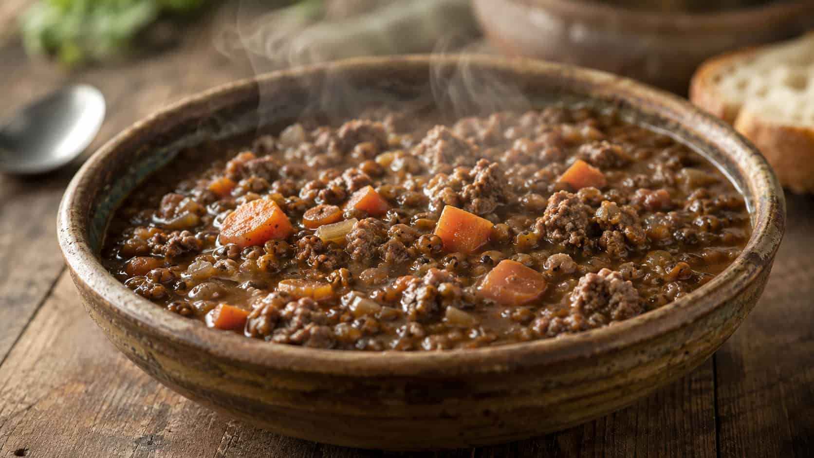 beef and lentil stew in a wide horizontal shot, thick brown stew with ground beef, lentils and carrots, in a rustic bowl on a wooden table, steam rising, natural light, shallow depth of field, landscape orientation