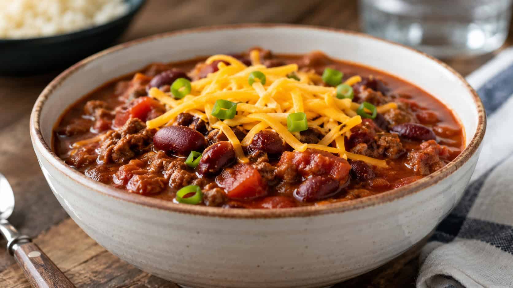 beef chili with beans in a wide horizontal shot, thick red chili with ground beef and kidney beans topped with cheese, in a bowl on a rustic table, natural light, shallow depth of field, landscape orientation