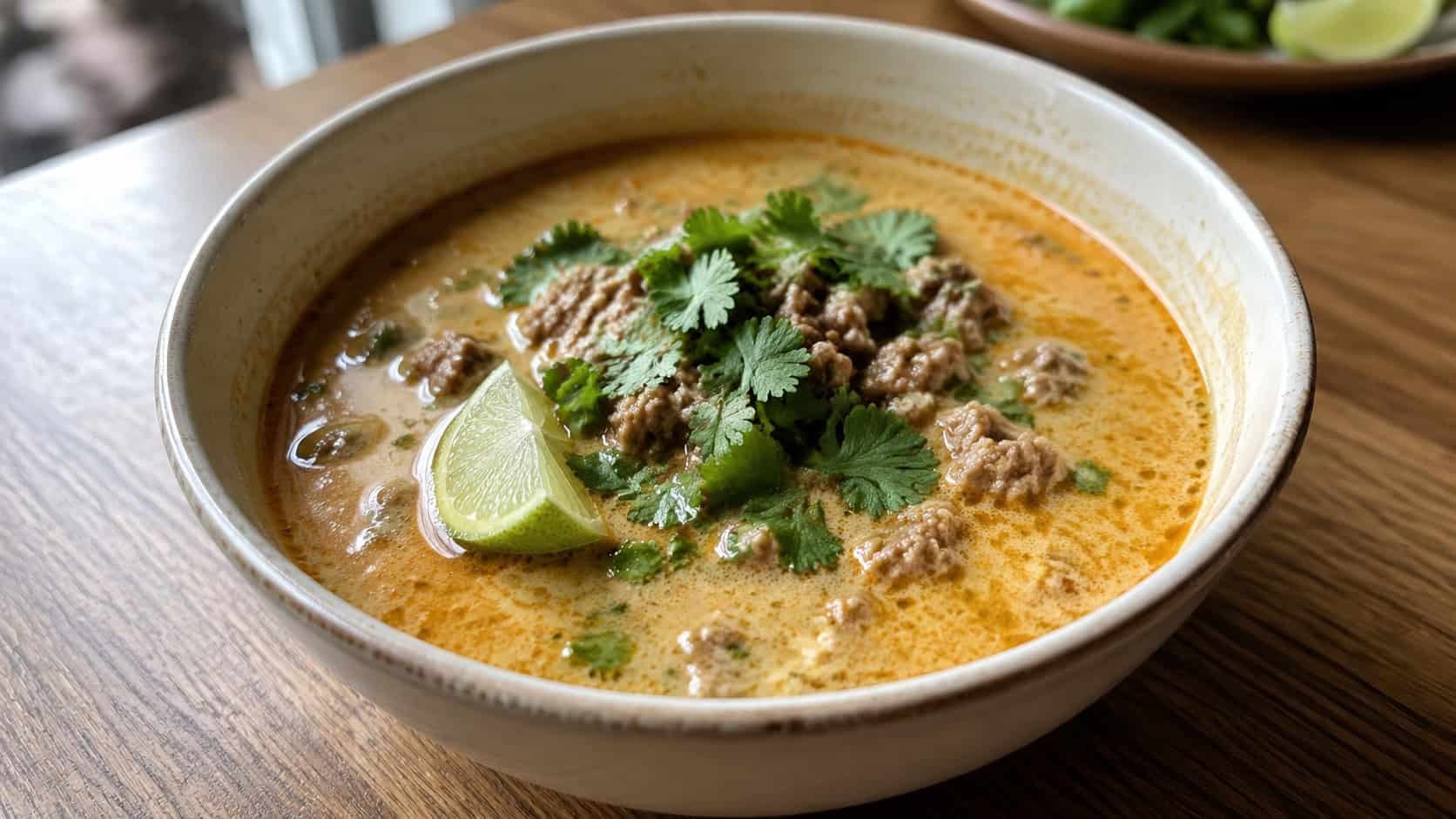 Thai beef and coconut soup in a wide horizontal shot, creamy pale orange broth with ground beef, cilantro and lime, in a bowl on a wooden table, natural light, shallow depth of field, landscape orientation