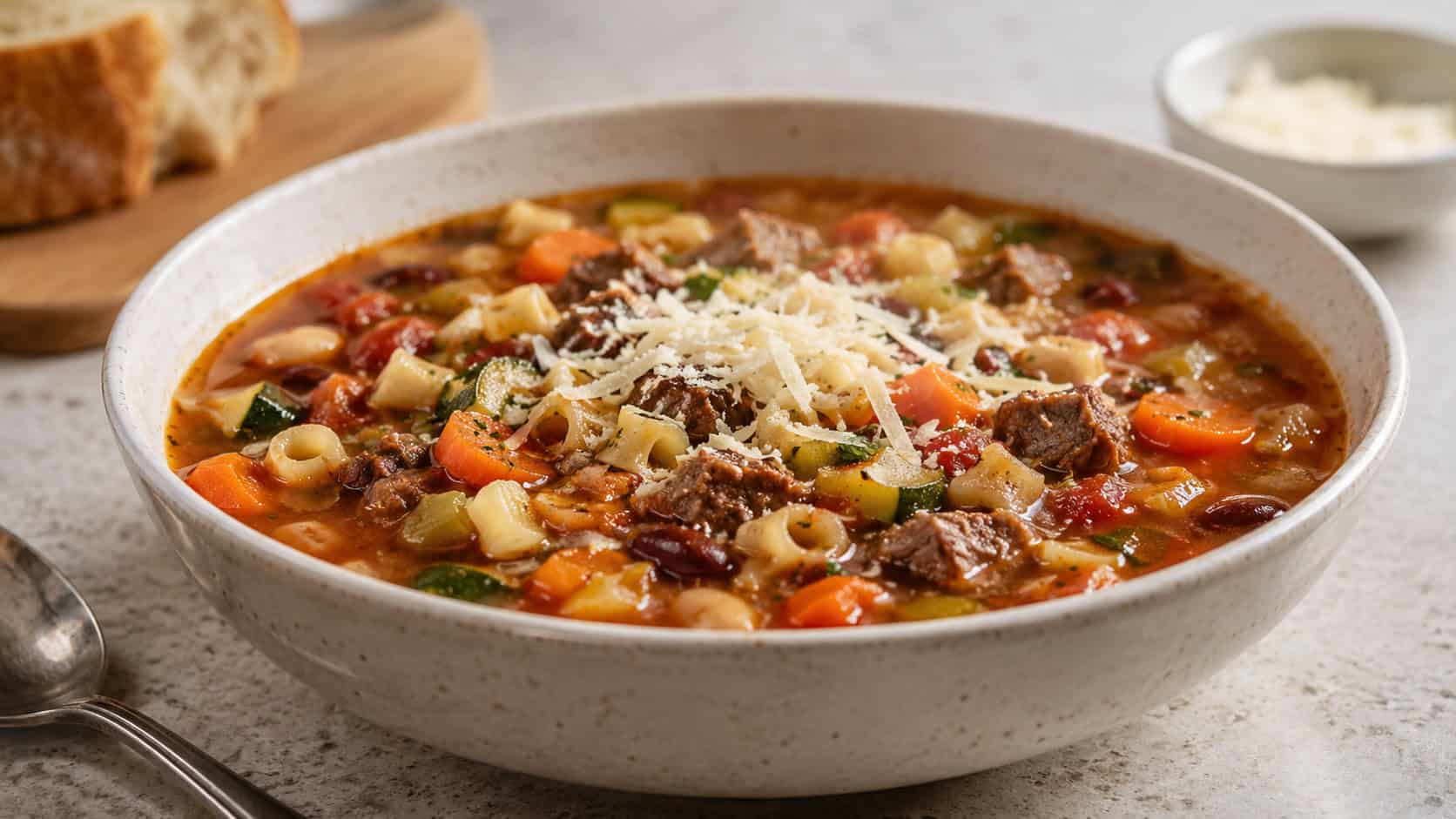 beef and vegetable minestrone in a wide horizontal shot, brothy soup with beef, beans, pasta, zucchini and carrots, in a bowl with parmesan, on a light table, natural light, shallow depth of field, landscape orientation