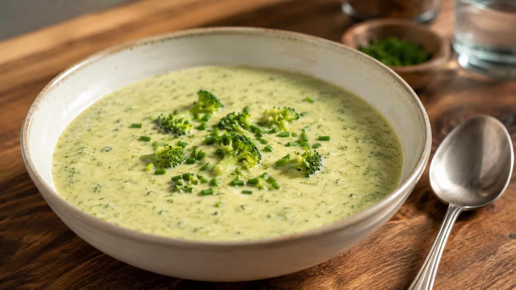 an ultra-creamy broccoli cream cheese soup in a wide bowl with a glossy surface and chive garnish, in a wide horizontal shot, on a warm wooden table with a spoon, natural light, shallow depth of field, landscape orientation