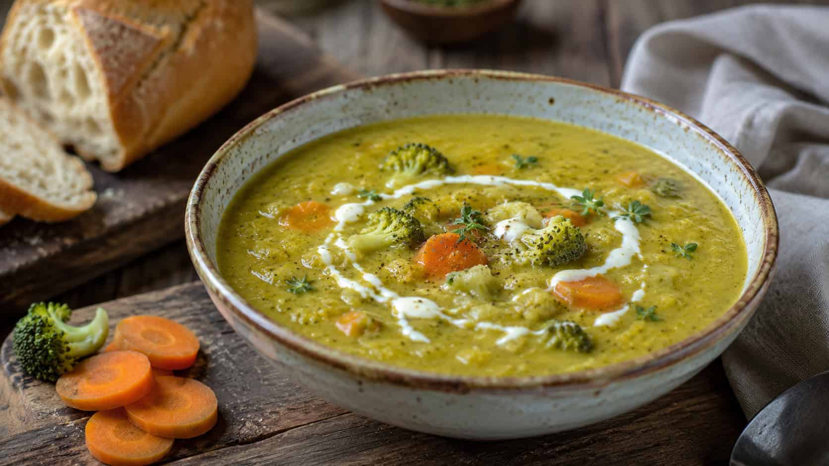 a chunky golden-green broccoli and carrot soup in a rustic bowl with a cream drizzle, in a wide horizontal shot, sliced carrots and bread nearby, on a farmhouse wood table, natural light, shallow depth of field, landscape orientation