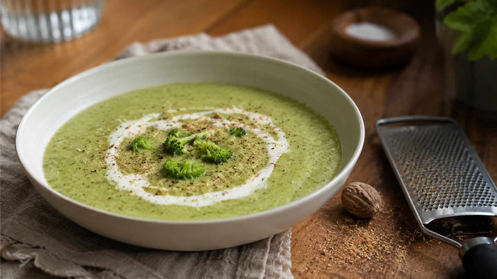 a creamy broccoli soup with a dusting of grated nutmeg and a cream swirl in a pale bowl, in a wide horizontal shot, a whole nutmeg and grater beside it, on a cozy wood table, natural light, shallow depth of field, landscape orientation