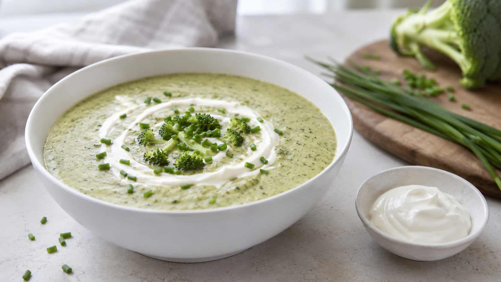 a creamy broccoli soup with a generous swirl of sour cream and chopped chives in a white bowl, in a wide horizontal shot, a small bowl of sour cream beside it, on a clean kitchen table, natural light, shallow depth of field, landscape orientation