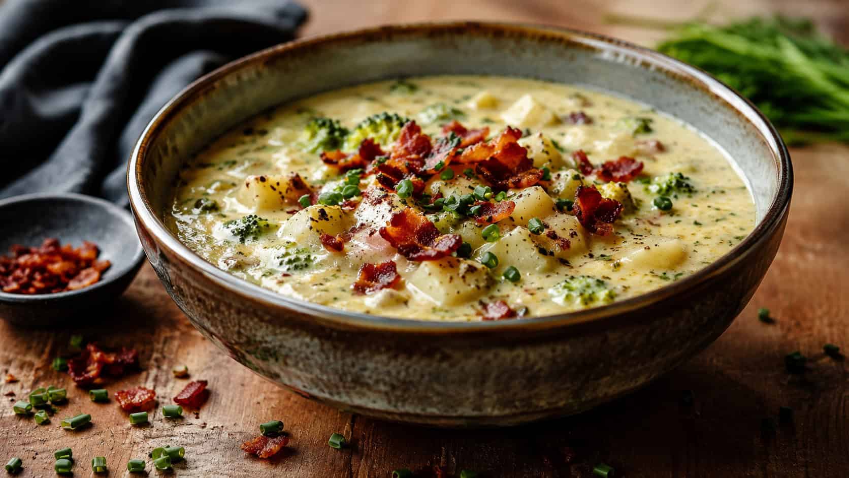 a thick broccoli chowder loaded with potato chunks and topped with crispy bacon bits in a deep rustic bowl, in a wide horizontal shot, extra bacon and chives scattered around, on a warm wood table, natural light, shallow depth of field, landscape orientation
