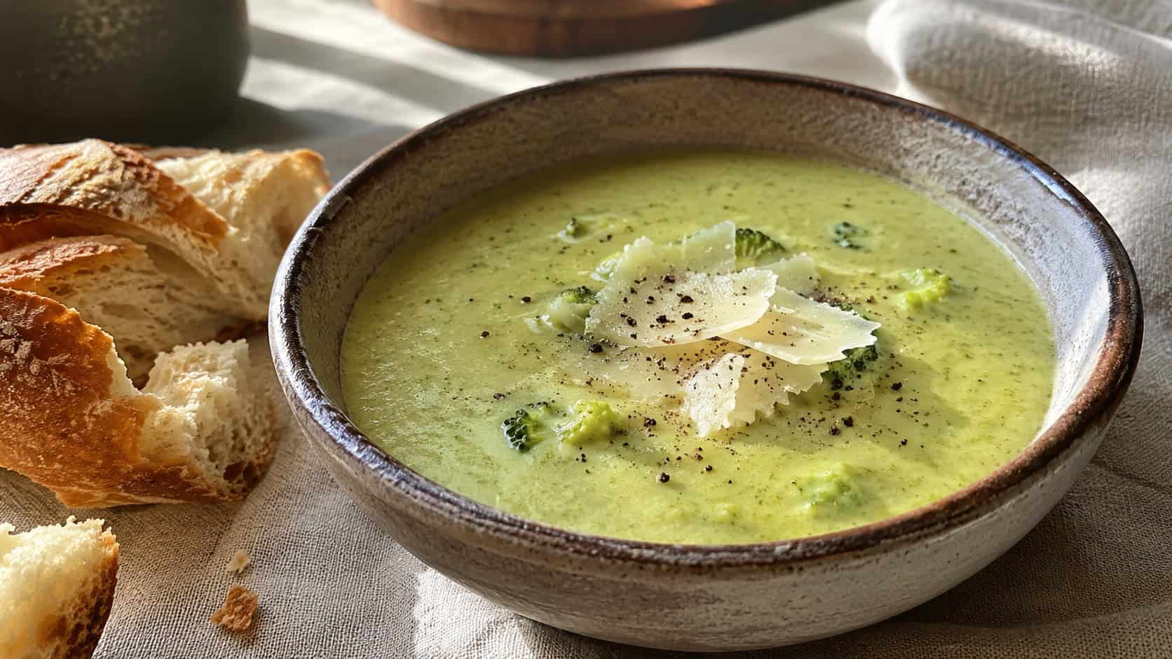a smooth pale-green broccoli Parmesan soup in a rustic bowl with shaved Parmesan and cracked pepper on top, in a wide horizontal shot, crusty bread beside it, on a linen-draped table, natural light, shallow depth of field, landscape orientation