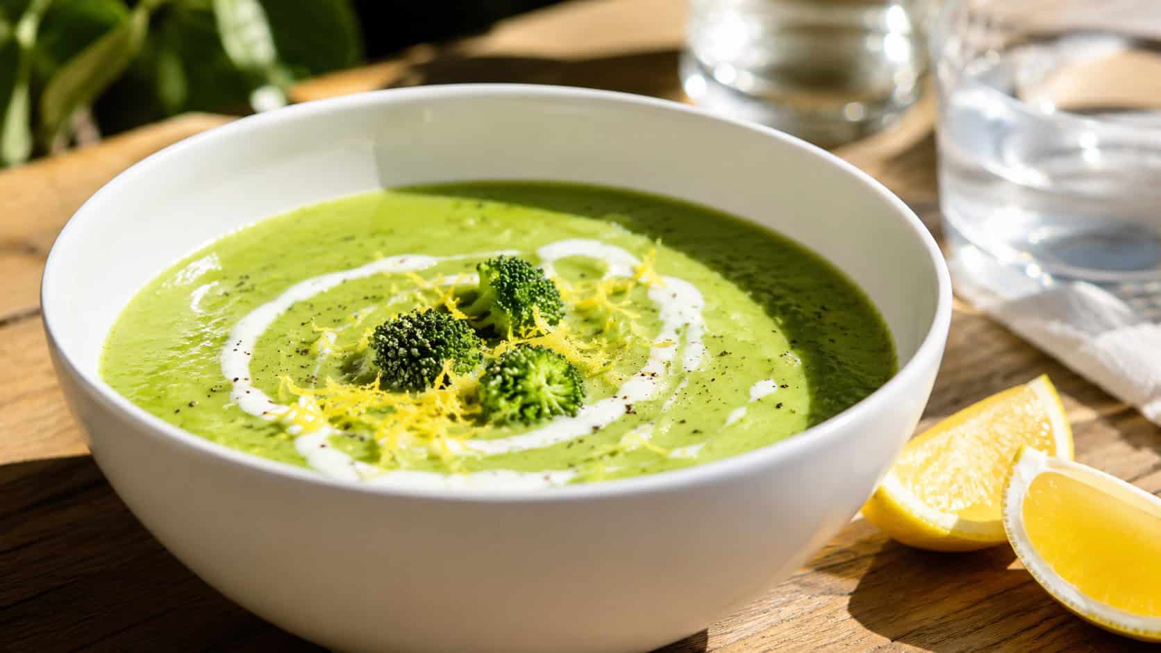 a vibrant green lemony broccoli soup in a white bowl with a swirl of cream and lemon zest, in a wide horizontal shot, lemon wedges beside it, on a bright sunny table, natural light, shallow depth of field, landscape orientation