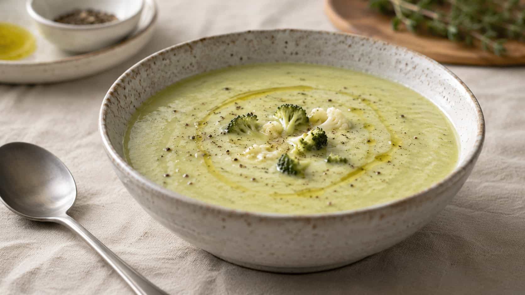 a creamy pale-green broccoli and cauliflower soup in a stoneware bowl with a drizzle of olive oil and pepper, in a wide horizontal shot, on a neutral linen table, natural light, shallow depth of field, landscape orientation