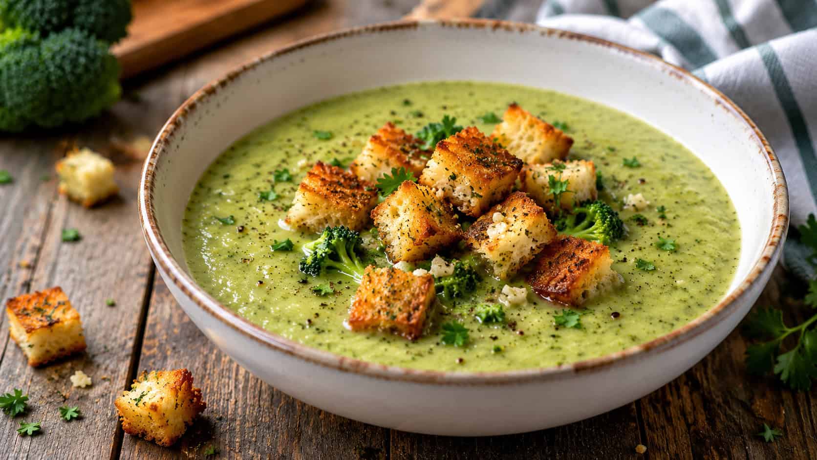 a creamy broccoli soup topped with golden garlic croutons and fresh herbs in a deep bowl, in a wide horizontal shot, a few croutons scattered on the table, on a rustic wood surface, natural light, shallow depth of field, landscape orientation